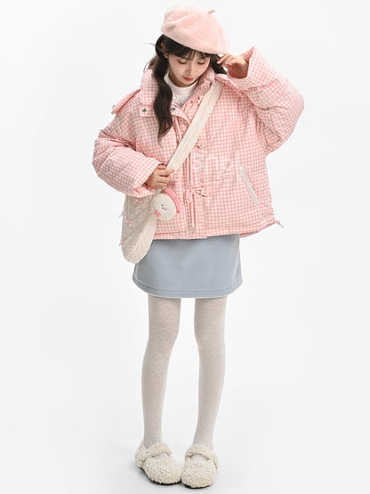 Pink Plaid Hooded Down Sweetheart Button Jacket
