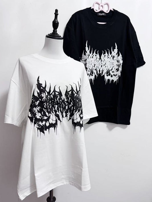 Butterfly White/Black T-shirt Neck Print Jirai Round Kei