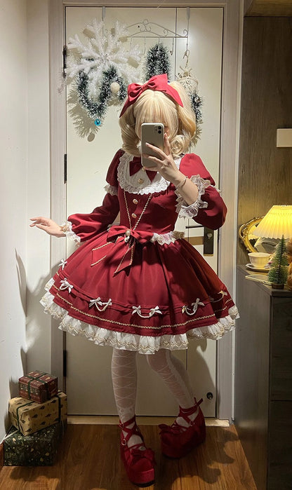 New Dress / Hem with Red Christmas Year Sleeves Lolita Pearl-Chain Bow Accents Long