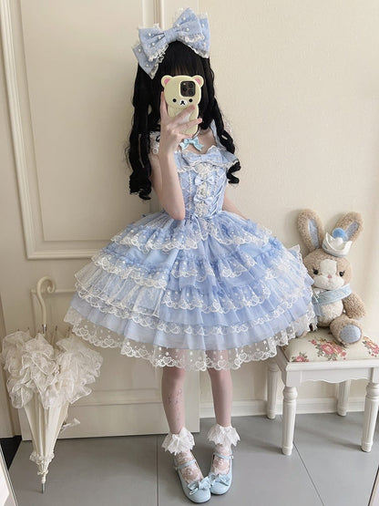 JSK Bow Sweet Fresh Blue Lace Princess with Dress Multi-Layer Details Trim Bead