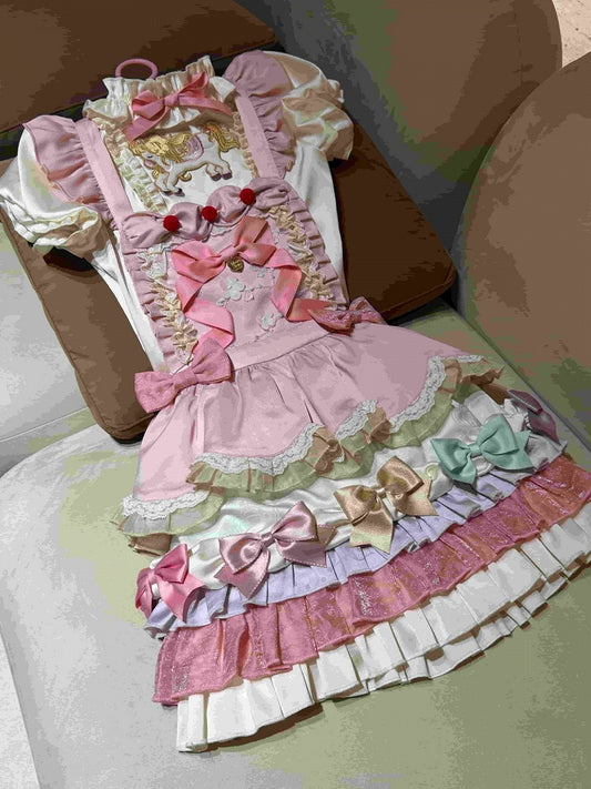 Kawaii Pink 3D Horse Embroidery Short Sleeve Blouse with Bow Layered Ruffle Skirt Set - Sweet Dream Box