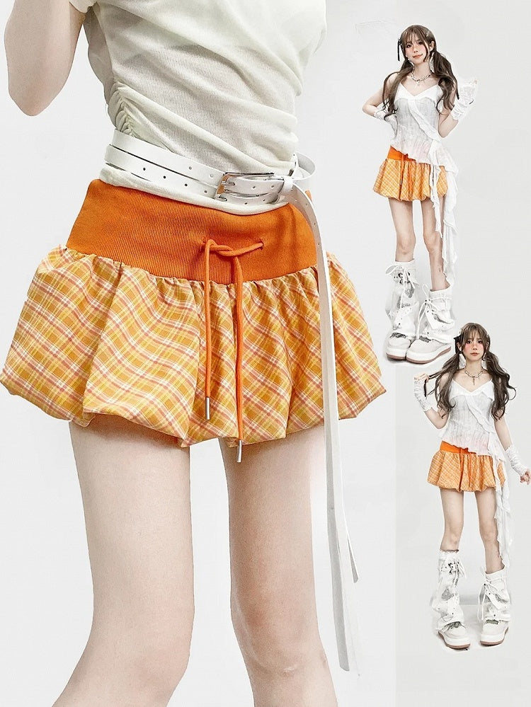 Skirt Glamorous Plaid Orange Pattern Bubble Mini Y2K