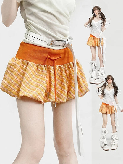 Skirt Glamorous Plaid Orange Pattern Bubble Mini Y2K