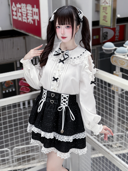 Long Cut-Out Jirai Sleeve Kei Lace Shoulder White | Black Blouse Bowknots