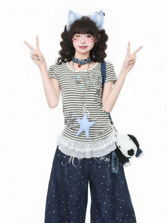 Striped Gray & Kitty Print Lace-Trimmed Blouse - Languid Park