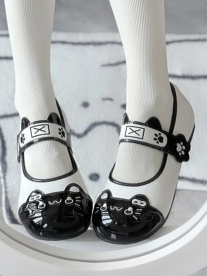 Print PU Round Flat Ear Paw Cute Stitching Mary Adorable - Toe Straps Black in Kitty with Cat Janes
