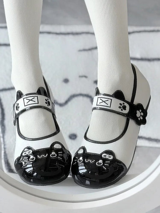 Print PU Round Flat Ear Paw Cute Stitching Mary Adorable - Toe Straps Black in Kitty with Cat Janes