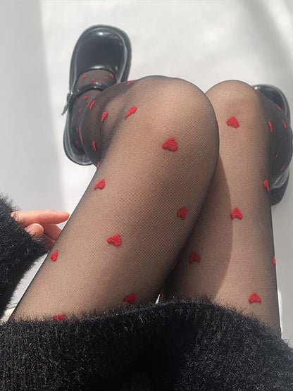 Black Pattern Red with Heart Tights