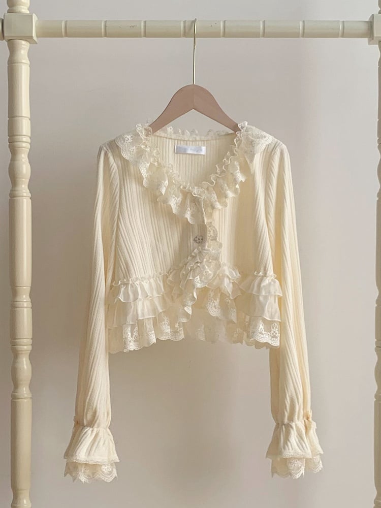 Cream Knit Top Spring/Autumn for Lolita Caidigan Trimmed Lace