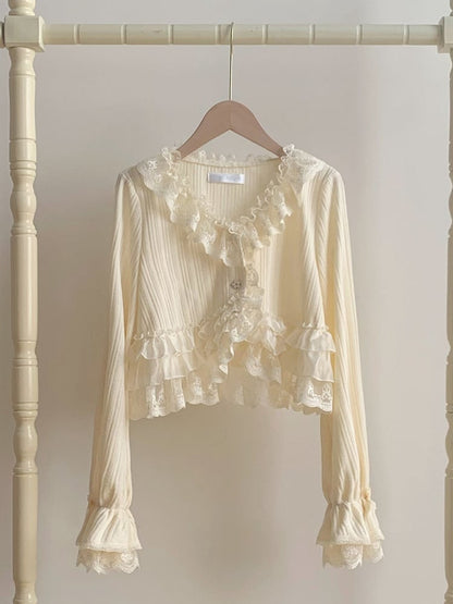 Cream Knit Top Spring/Autumn for Lolita Caidigan Trimmed Lace