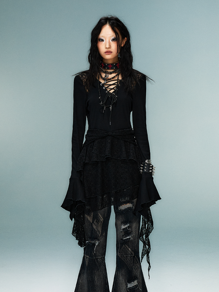 Knit Dress with Lace Accents Sleeve Hem Black Gothic Punk Bell Handkerchief
