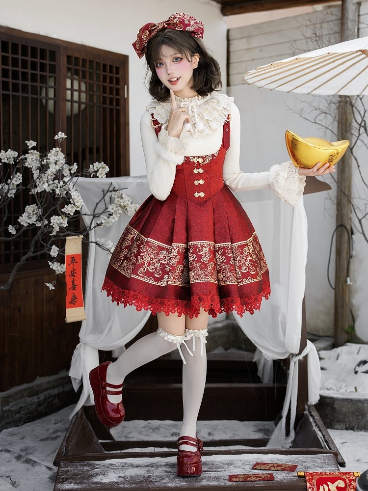 Dress Chinoiserie Waist Short Lolita New Bust Under Version Red Boned Gold Year