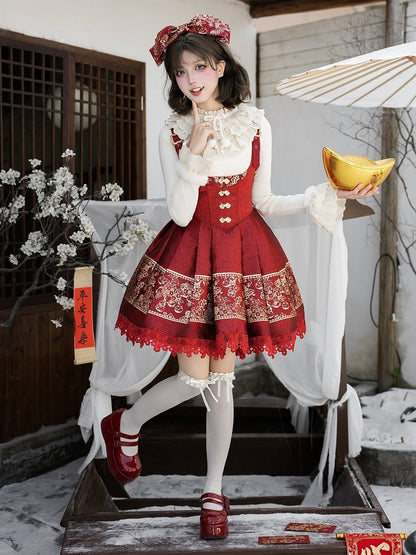 Dress Chinoiserie Waist Short Lolita New Bust Under Version Red Boned Gold Year