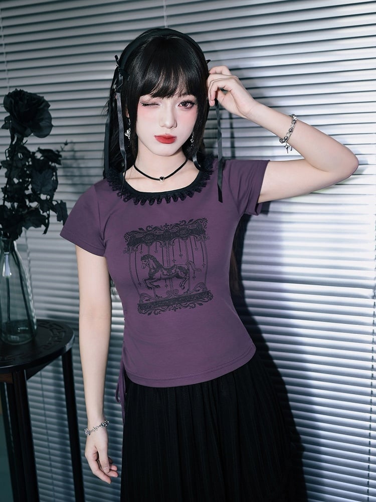 Purple Cotton Short Sleeve Square-Neck Tee with Carousel Print and Drawstring - Quirky Hut