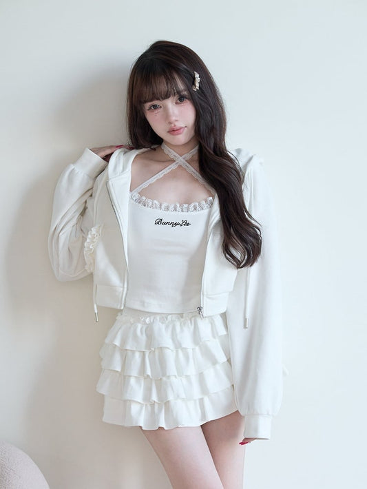 Camisole White Zip Set Pattern Letter Hoodie + Lace Jirai Kei