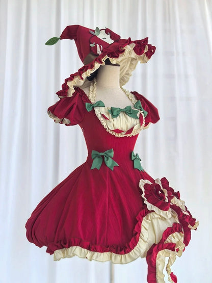Red Ruffled Sweet Lolita Fluffy OP Dress Full Set