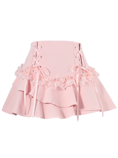 Stufenrock mit Schnürdetails Pink Y2K Asymmetrisch Kawaii Yume