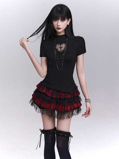 Print T-shirt Black Mock Neck Heart-shaped Cutout Cross