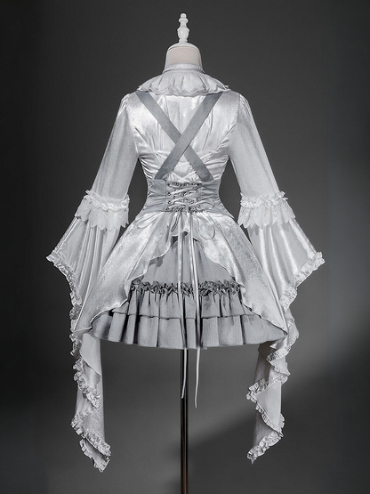 Grey Gothic Lolita Set Bell Sleeves Blouse with Corset Belt - Unknown Star