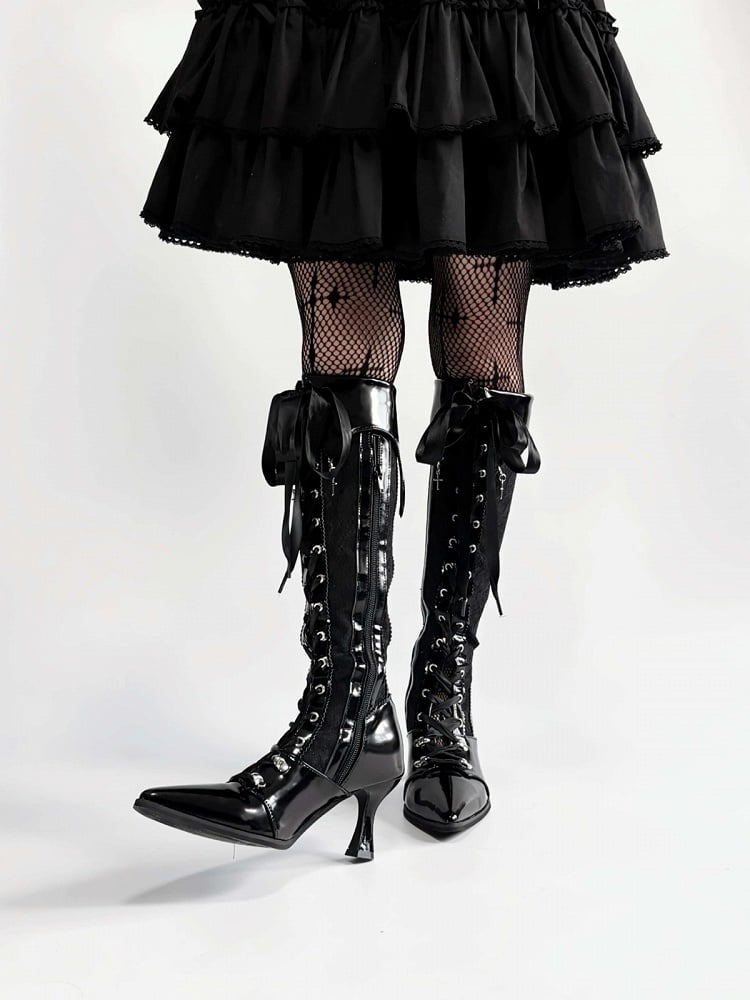 Gothic Lolita Embroidered Lace Witch Pointed Toe High Heel Boots - EvilStar