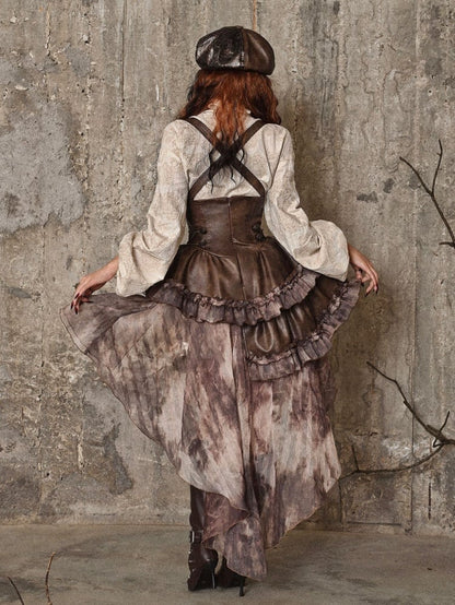 Braunes Steampunk-Overallkleid im Westernstil mit abnehmbarer Schleppe