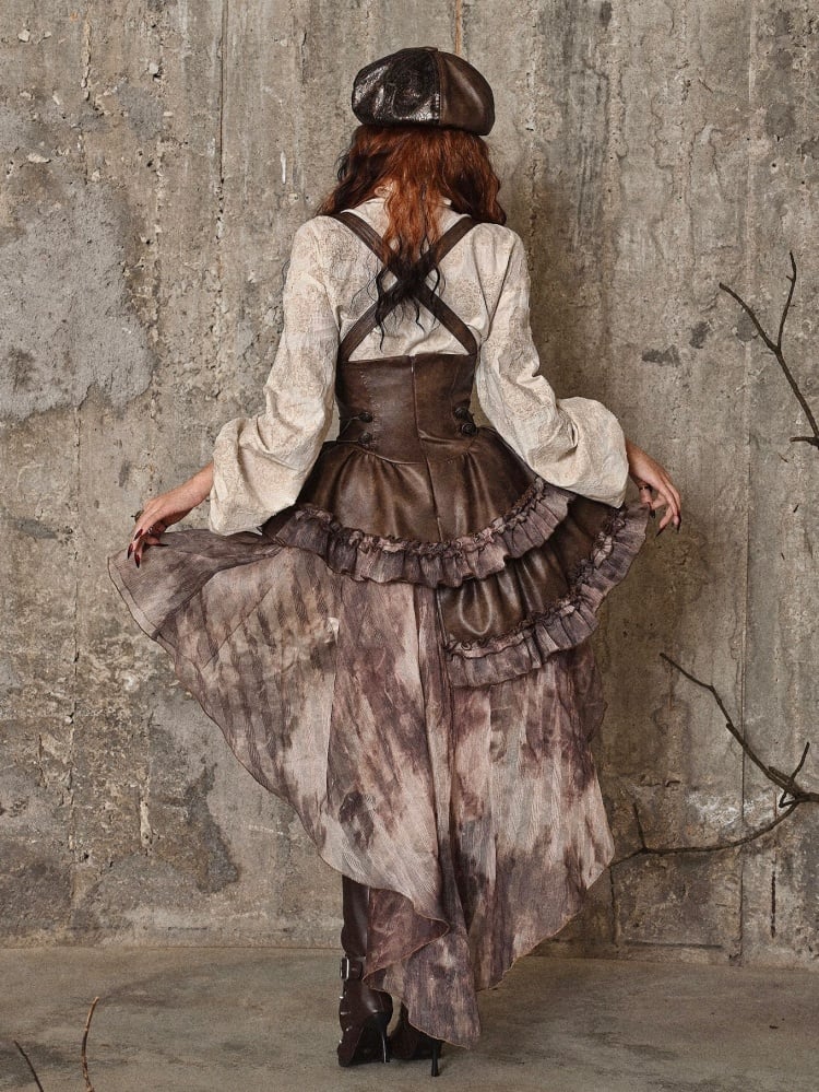 Robe salopette asymétrique marron style western steampunk avec traîne amovible