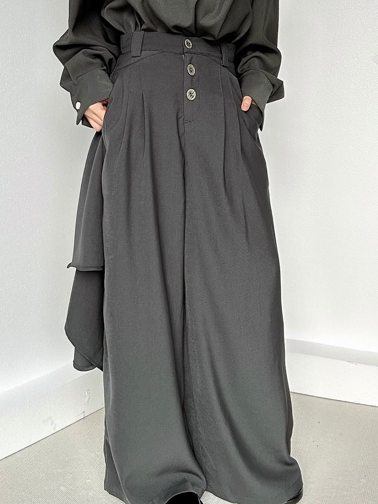 Gray Draped Fly Ouji High-Waisted with Panel Pants Wide-Leg Three-Button Lolita