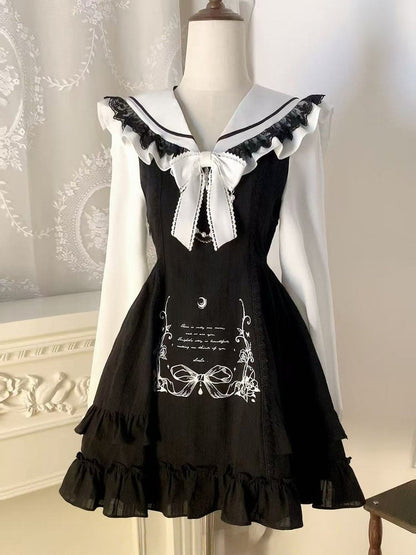 Black Jirai Print Design White Lace Bow Decor Dress and with Trim Ruffle Long-Sleeve Kei