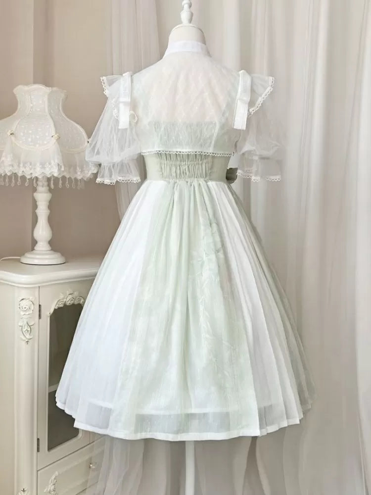 Banded Green Floral Embroidery Top Dress White Collar +