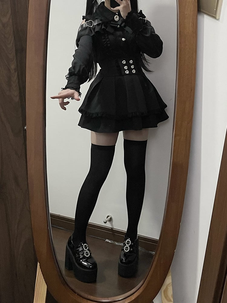 Kei Look Blouse Buckle Cutout Black Shoulder Heart Decorative with | Jirai