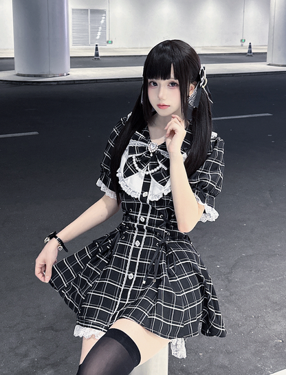 ミニドレス+ショーツ ジライ ブラック レースアップ チェック柄 セット 装飾ディテール ケイウエスト ラインストーン