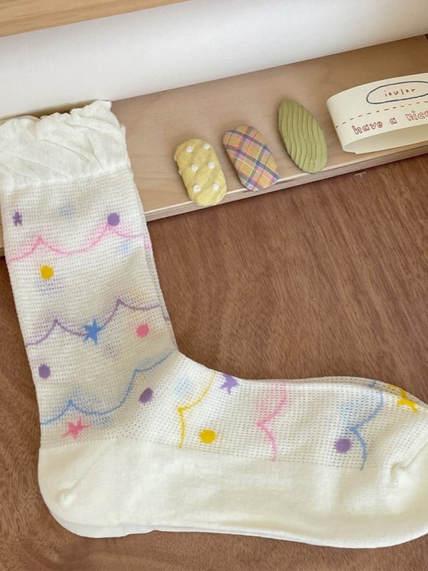 With White/Beige Polka-dot Socks Calf Pattern Star And Hollow-out