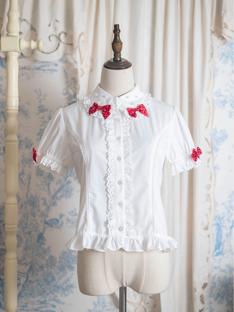 White Short Sleeve Sweet Lolita Ruffled Blouse with Red Polka-Dot Bows - Pastry Chef