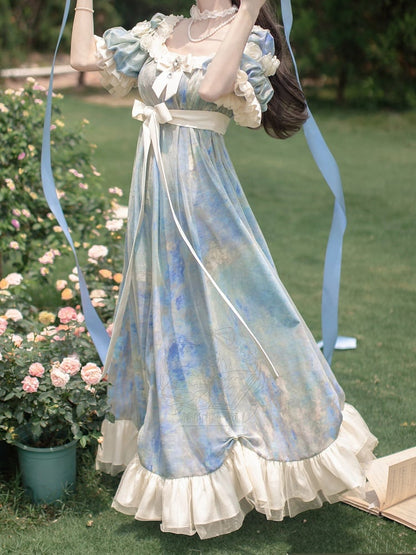 Stück Lolita Maxi One Kleid Taille Elegante Klassische Malerei Blau Empire Öldruck