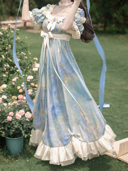 Blue Empire Waist Oil Painting Maxi Dress - Every Page of Poetry