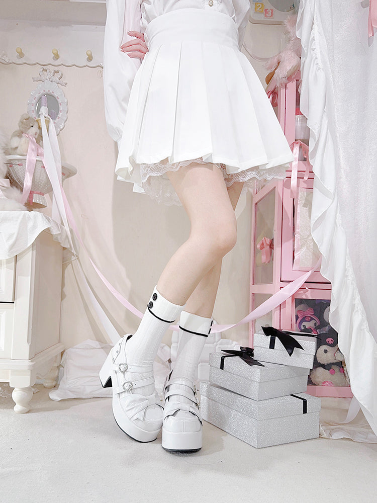 Polished White Bow at Top Rhinestone Buckles Platform Mary Jane Shoes