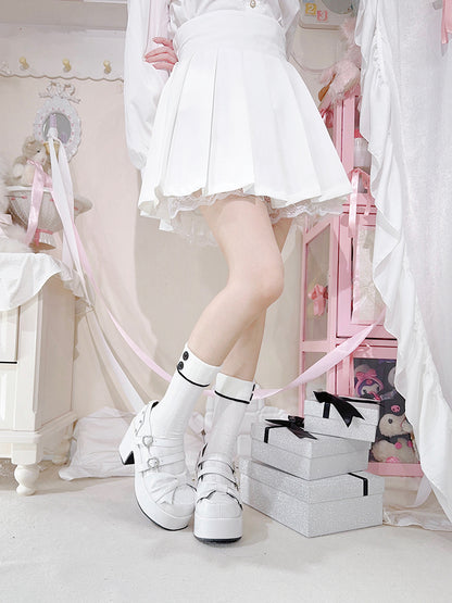 Polished White Bow at Top Rhinestone Buckles Platform Mary Jane Shoes