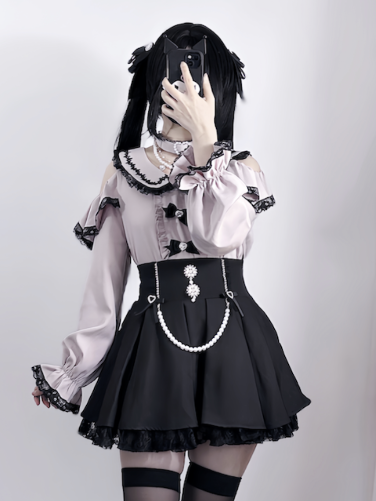 Detachable Design Choker Pink Trim Black Lace Jirai Kei Peter Pan Collar Cutout Shoulder Contrast Blouse with