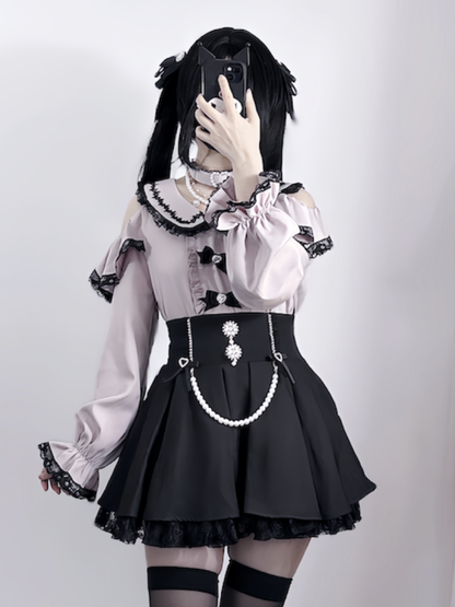 Detachable Design Choker Pink Trim Black Lace Jirai Kei Peter Pan Collar Cutout Shoulder Contrast Blouse with