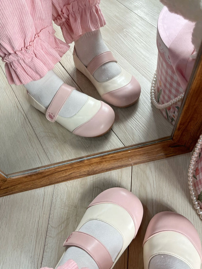 Pink Beige Velcro Flats Strap Paw Round with Toe Embroidery Bear Closures Sweet