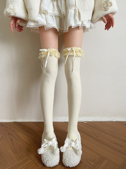 Plush Trim with Stockings Decorations Vertical Double-Layer Bow White/Black Striped Creamy Curly Pattern