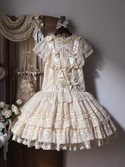 Retro Beige Lolita Lace Gown with Satin Ribbon Accents - Twin Bear Original Design