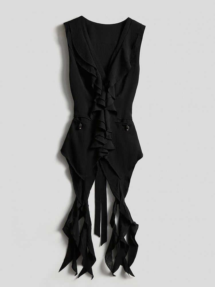 Ruffle Multi-Layer Sleeveless Black Paneled Vest Urban Goth