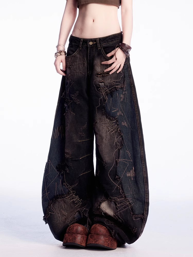 Raw Black Low Hem Rise Distressed Holes Wide-leg Jeans