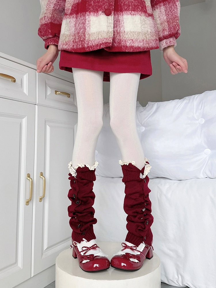 Wine Red Knitted Warmers Design Leg Button Ruffle