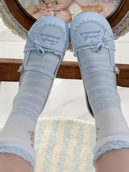 Trim Flats Toe Round PU Ruffles Embroidery Letter Blue Baby Leather