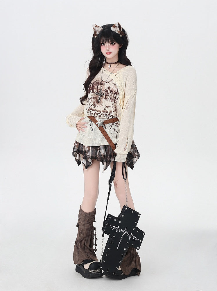 Distressed Holes Lace-up Neckline Ink-jet Print Black/Apricot