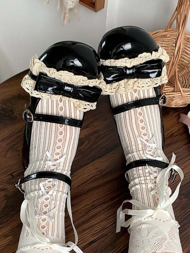 Mid with Trim Lace Lolita Heels and Mary - Sweet Details Jane for Heart Buckle Black Bow