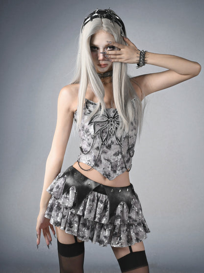 Top Fashion Grey Butterfly Chain Sequins Y3K Fishbone Strapless Cyberpunk Futuristic Silver Decorated