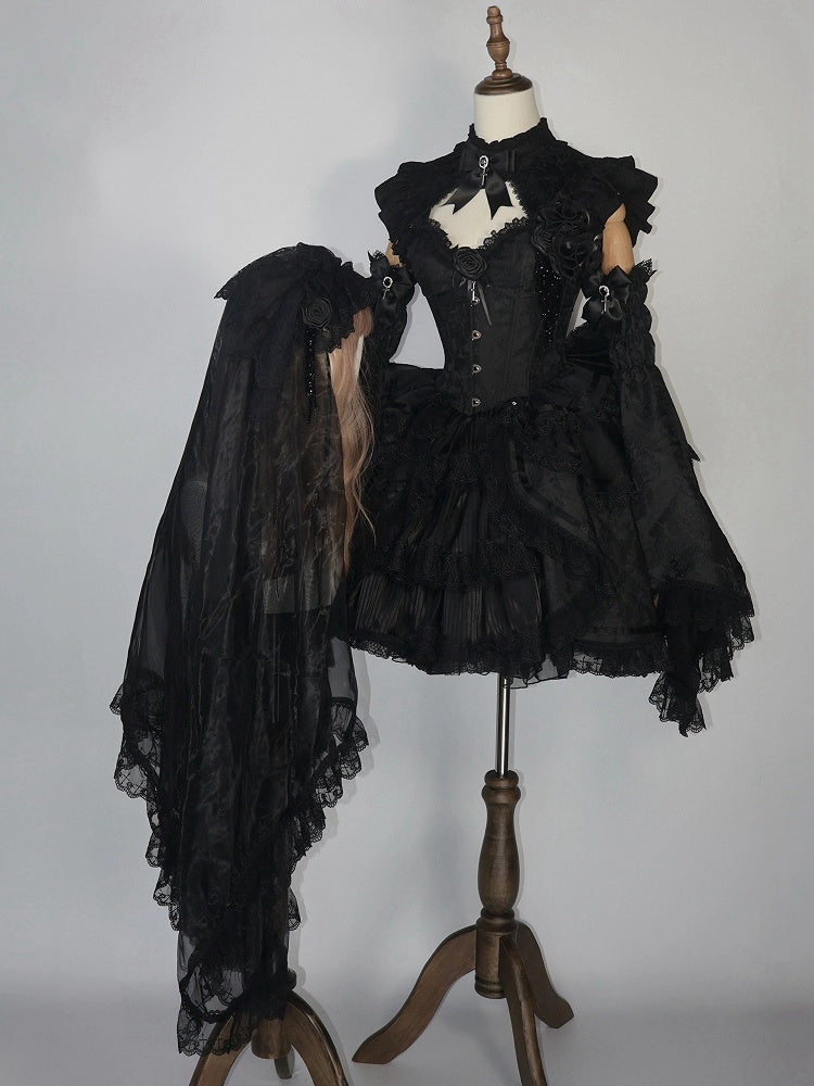 Kuro Gothic Lolita Full Set with Boned Corset Top, Skirt, Collar, Bell Sleeves and Accessories in All Black - Somnium Isle